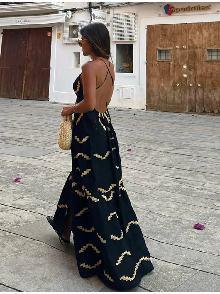Sexy Backless Women Print Halter Maxi Dress Fashion Deep V-neck High Waist Split Dresses Summer Lady Loose High Street Robe