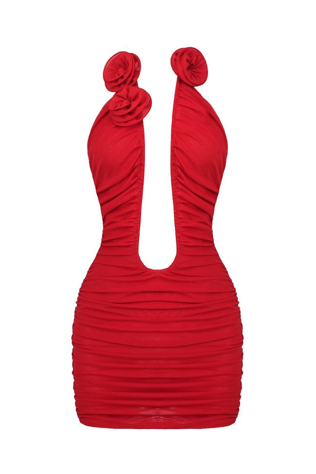 Sarah Ruched Plunge Flower Strapless Mini Dress