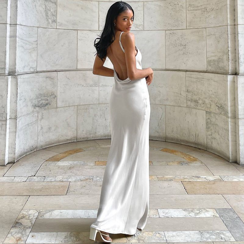 Cowl Neck Spaghetti Strap Draped Side Slit Satin Maxi Dress