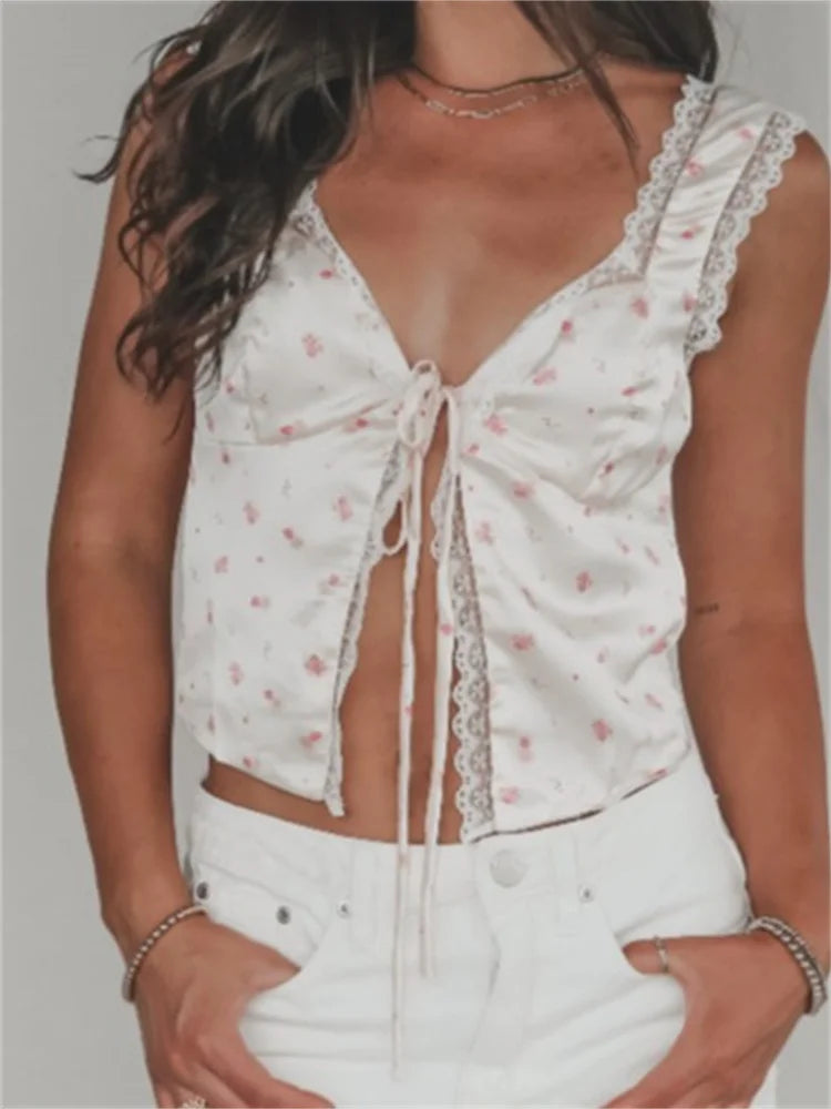 Floral V-neck Lace Trim Tie-up Tank Crop Top