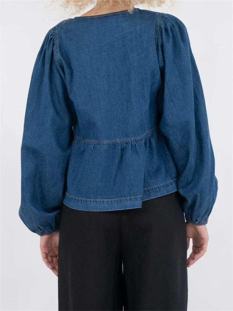 Lace-Up Denim V-neck Blouse