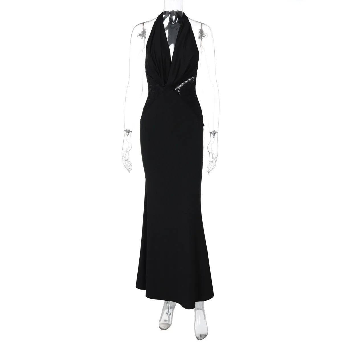 Halter Plunging V-Neck Draped Bust Lace Side Panel Bodycon Mermaid Maxi Gown