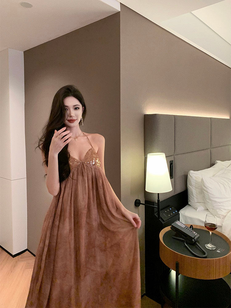 Sequin & Tie-Dye Halter Dress Glamorous Birthday Gown