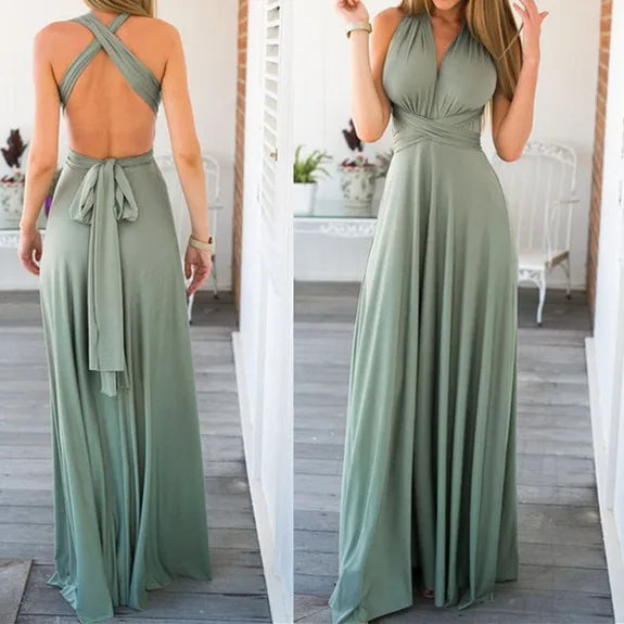 Deep V-Neck Wrap Convertible Braid Back Band Maxi Dress