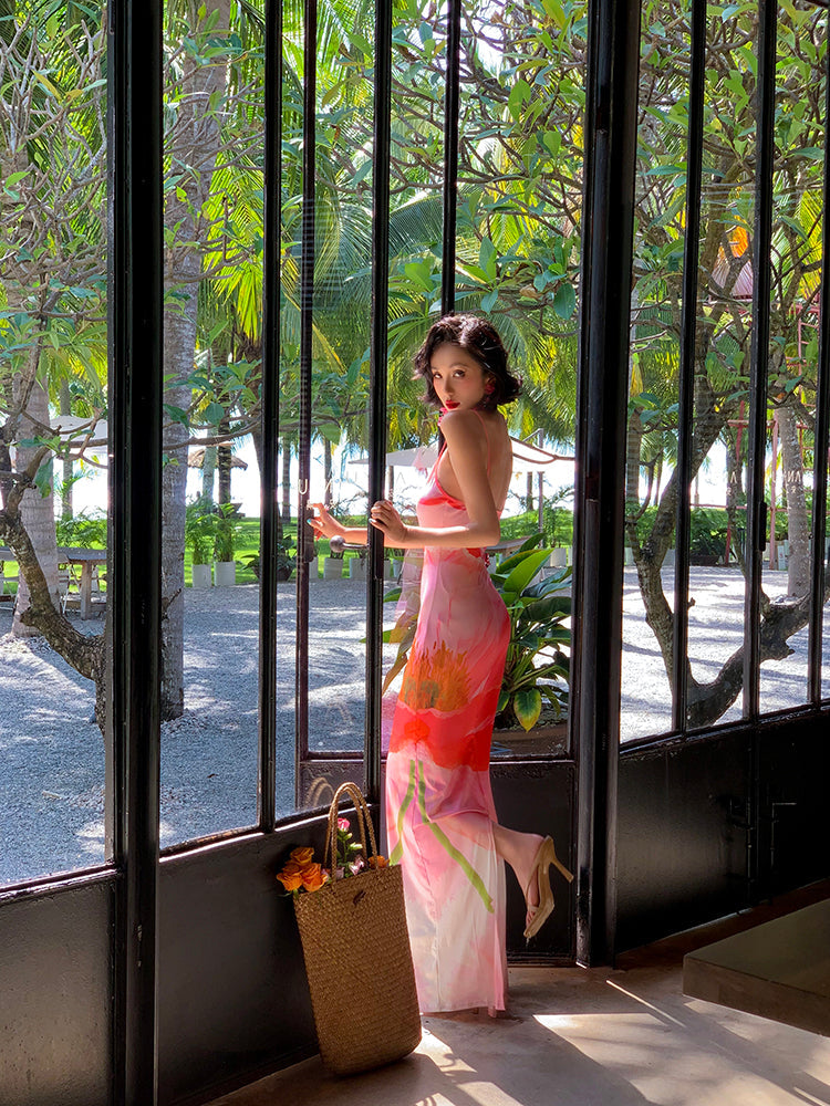 Sexy Pink Peony Floral Mermaid Maxi Dress