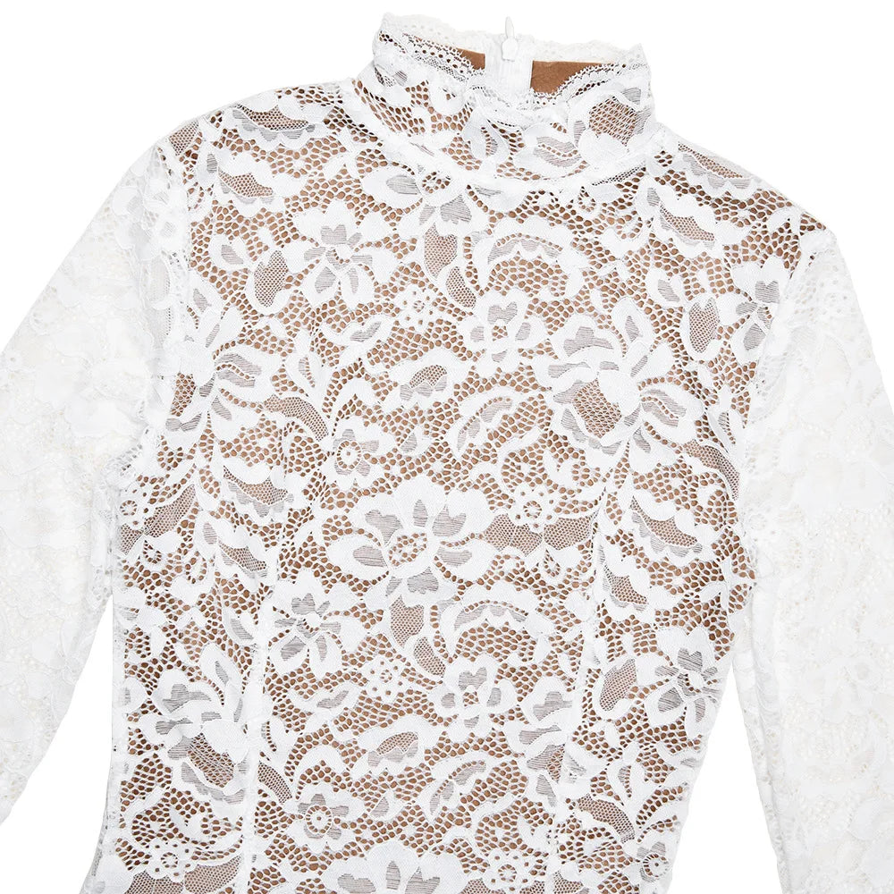 Floral Lace High Neck Long Sleeve Bodycon Midi Dress