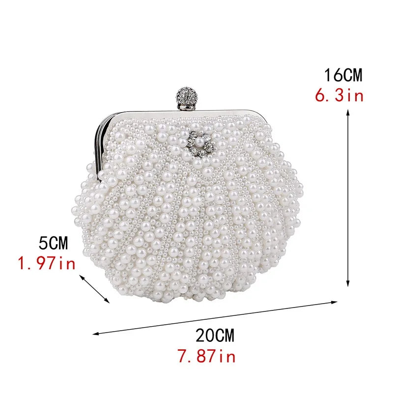 Shell Pearl Beaded Evening Clutch Bag with Chain