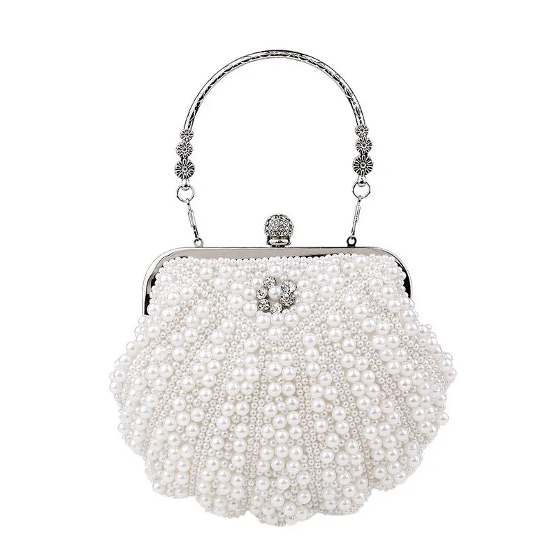 Shell Pearl Beaded Evening Clutch Bag with Chain