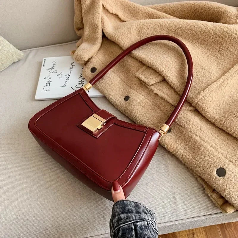 Solid PU Leather Trendy Lock Shoulder Bag