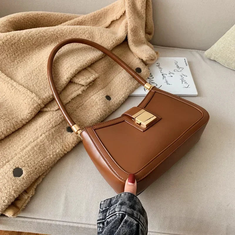 Solid PU Leather Trendy Lock Shoulder Bag