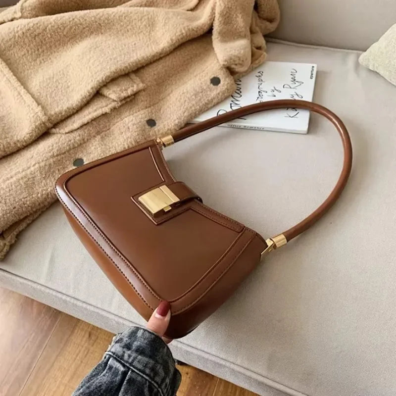 Solid PU Leather Trendy Lock Shoulder Bag