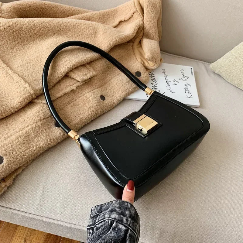 Solid PU Leather Trendy Lock Shoulder Bag