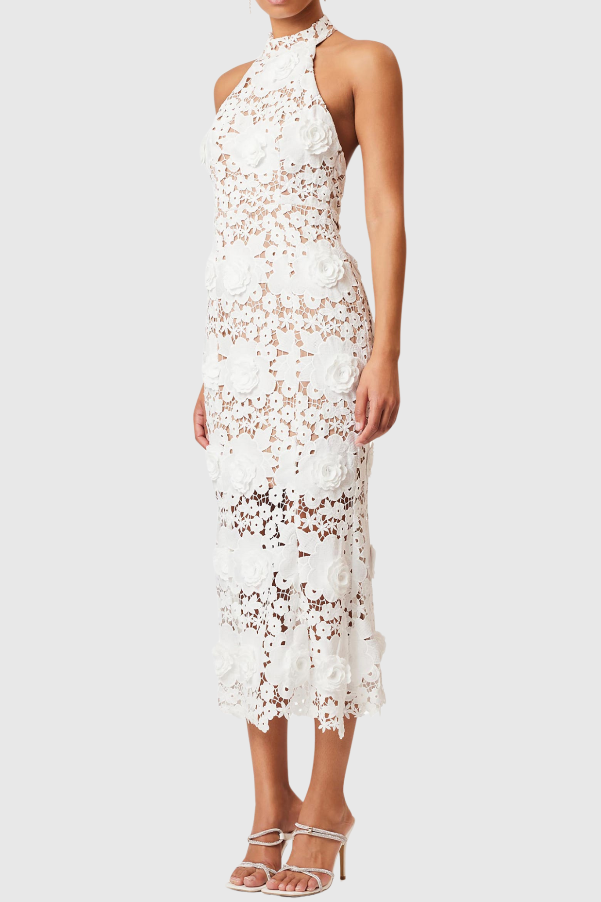Shyheim Floral Appliqué Lace Halter Midi Dress