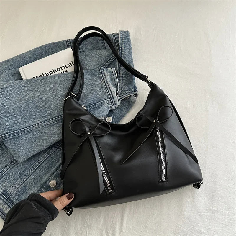 Silver Bow PU Leather Shoulder Bag