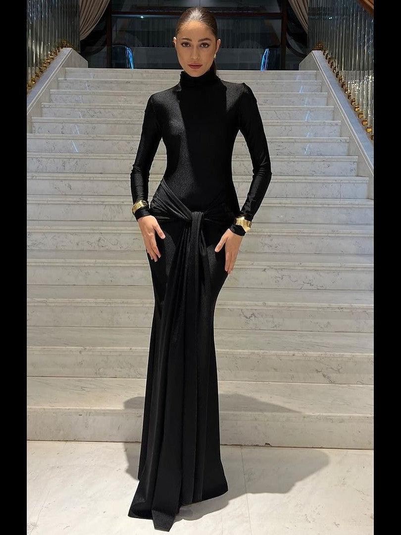 High Collar Knot Full Sleeves Bodycon Maxi Dress