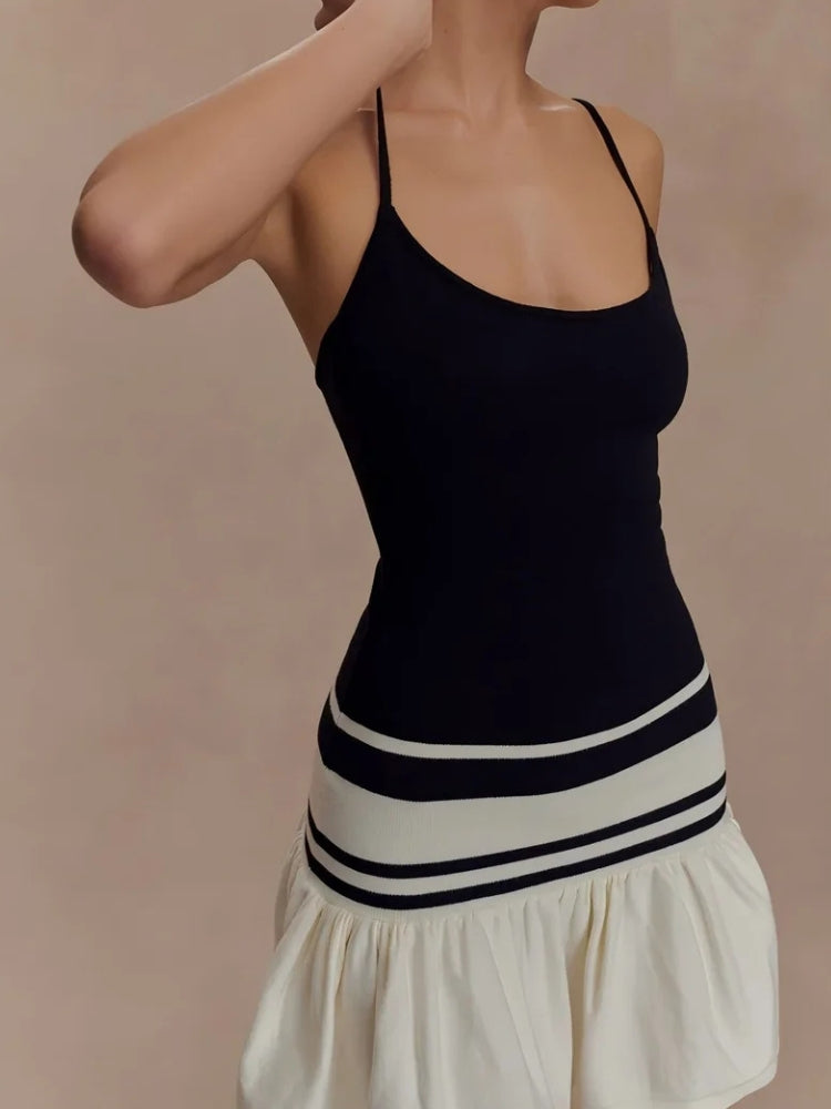Spaghetti Strap Scoop Neck Striped Band Pleated Skirt Knit Mini Dress