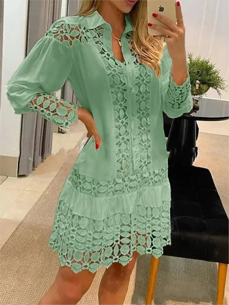 Women's Button-Front Long Sleeve Mini Dress – Lace Summer Outfit