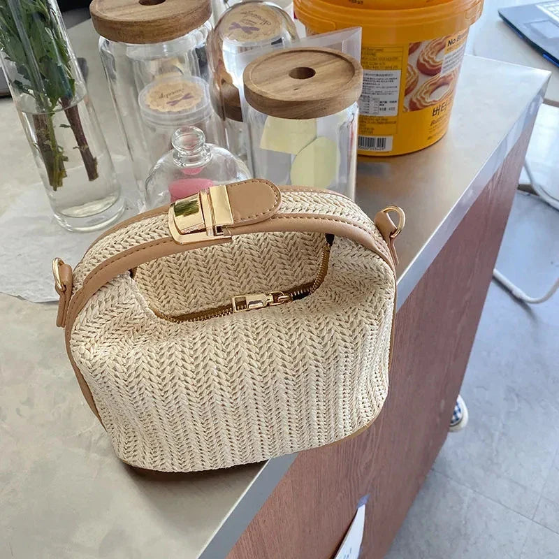 Bohemian Straw Crossbody Bucket Beach Handbag