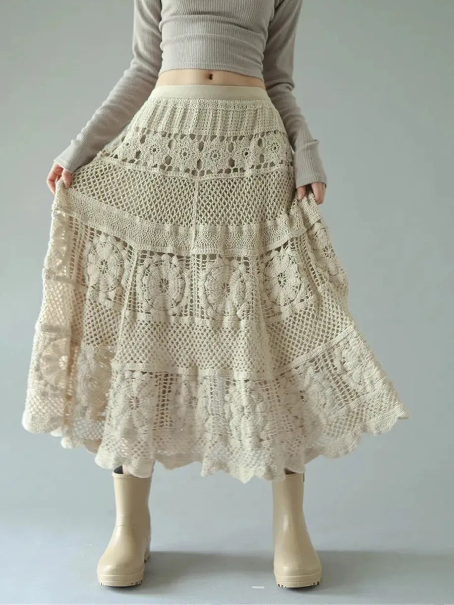 Crochet Flower Hollowed Out Elastic Waist Skirt
