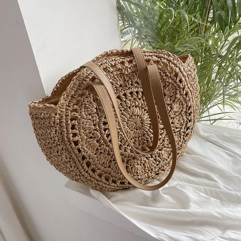 Summer Round Straw Shoulder Bag for Women