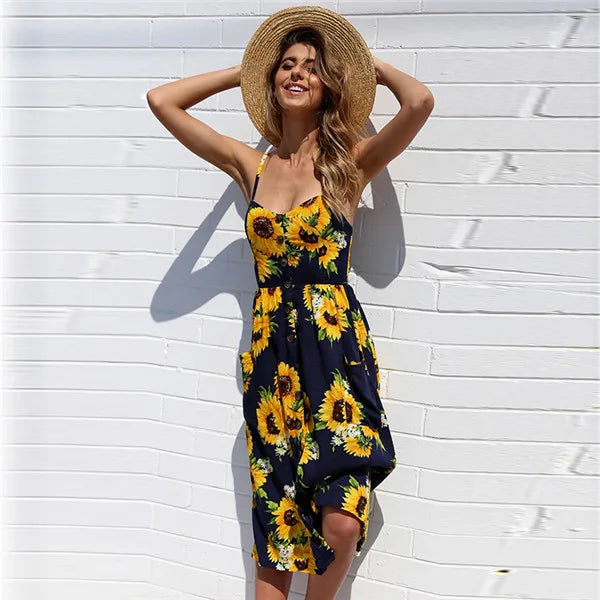Suspender V-neck Sleeveless Floral Vacation Dress