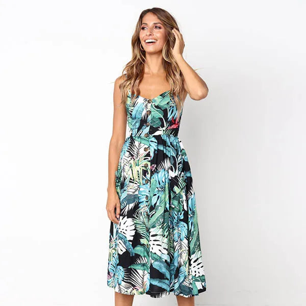Suspender V-neck Sleeveless Floral Vacation Dress