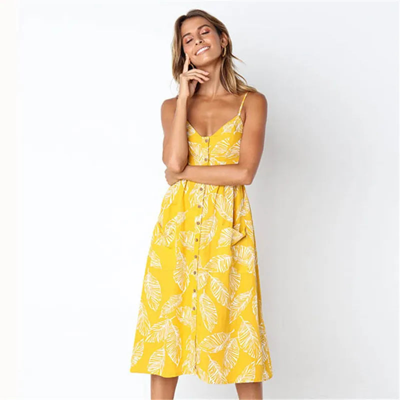 Suspender V-neck Sleeveless Floral Vacation Dress