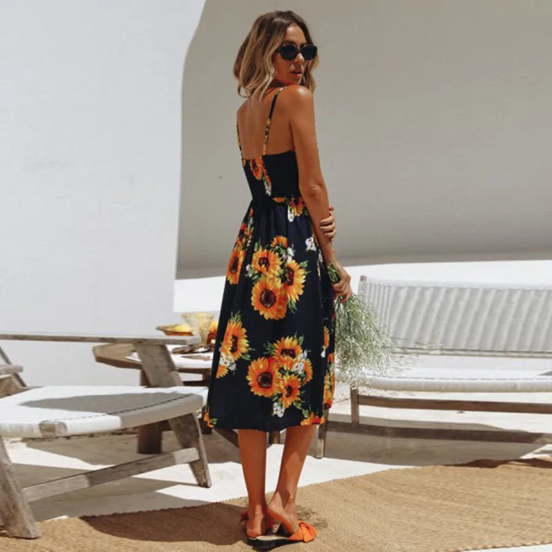 Suspender V-neck Sleeveless Floral Vacation Dress