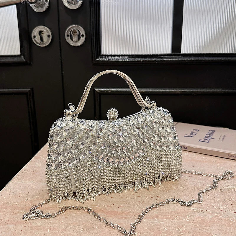 Exquisite Diamonds Gold Silver Hasp Chain Clutch Bag