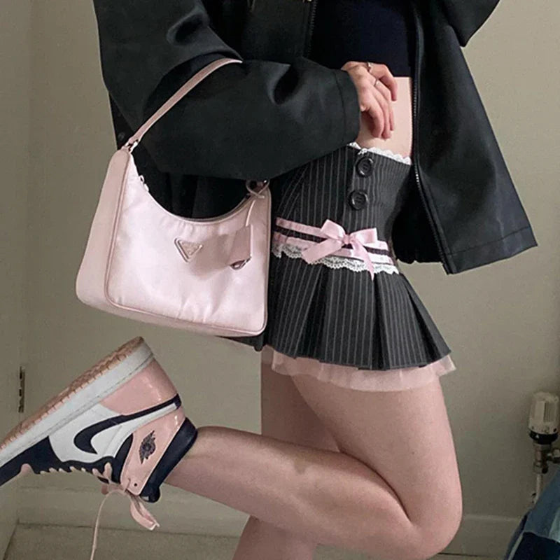 Pink Bow Stitched Pleated Skirt