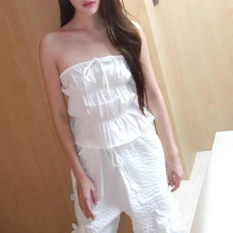 Sweet Ruched Tie Up Off Shoulder Sleeveless Slim Fit Y2K Strapless Crop Top