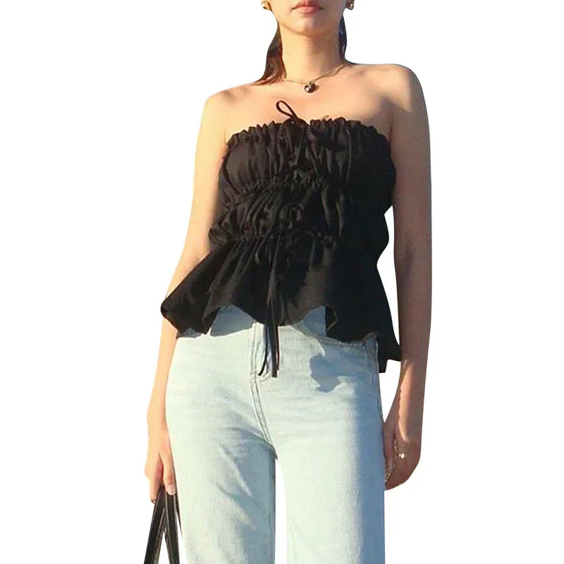 Sweet Ruched Tie Up Off Shoulder Sleeveless Slim Fit Y2K Strapless Crop Top