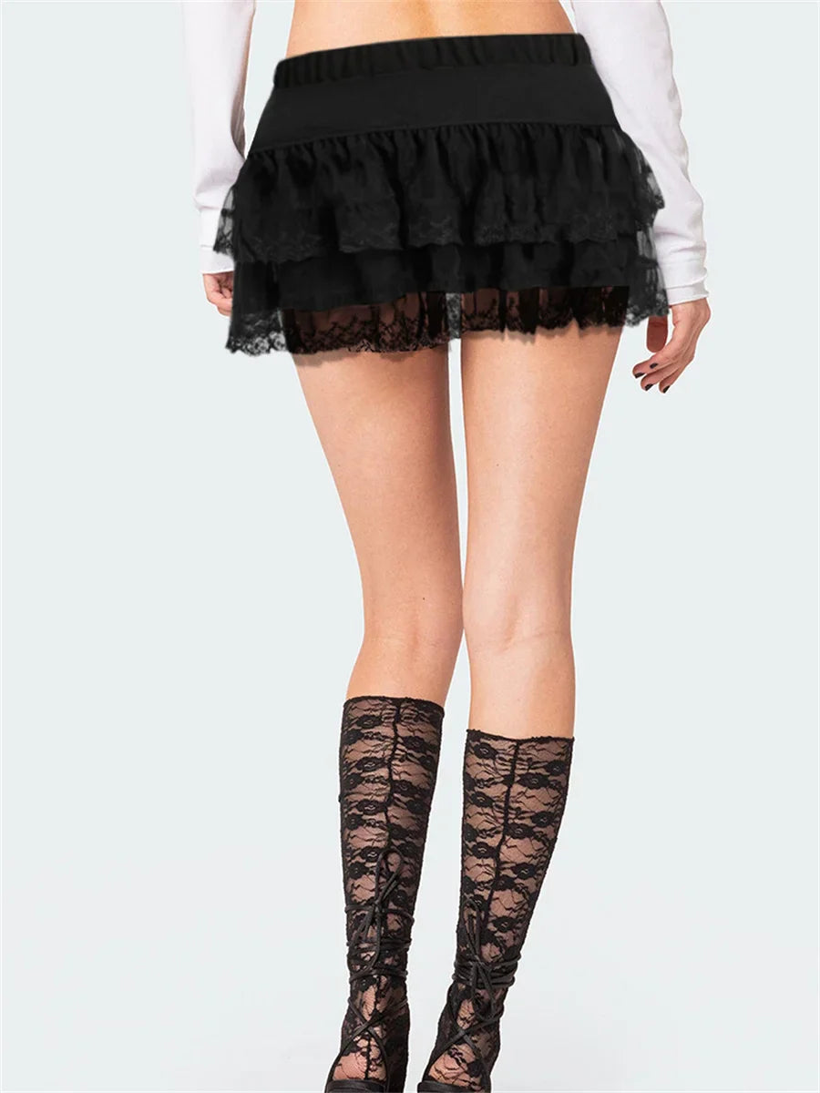 Bow Lace Patchwork Mid-Waist Skirt