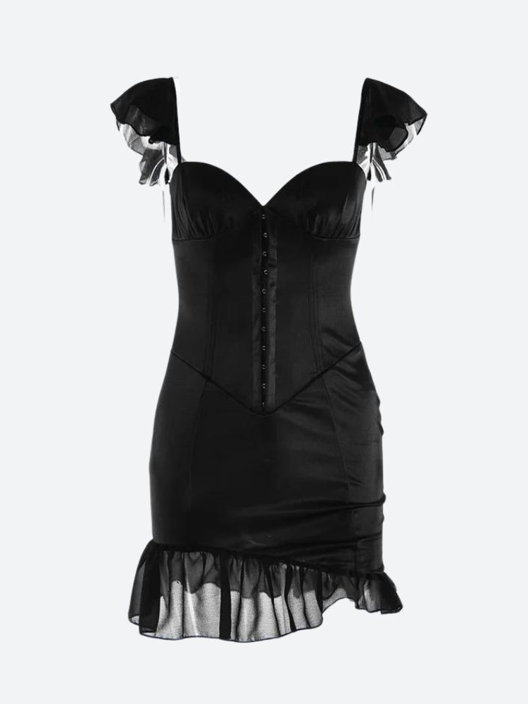 Sweetheart Corset Hook-and-Eye Ruffle Sleeve Flounce Hem Mini Dress