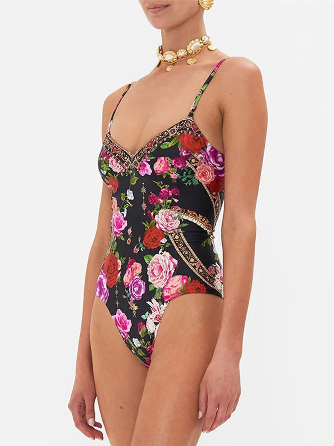 Vintage Sling Print Backless Bikini One Piece
