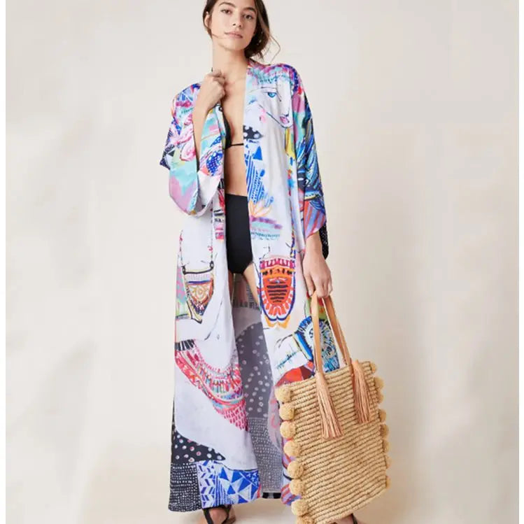 Polyester Pop Printed Boho Kimono Bikini Cover up