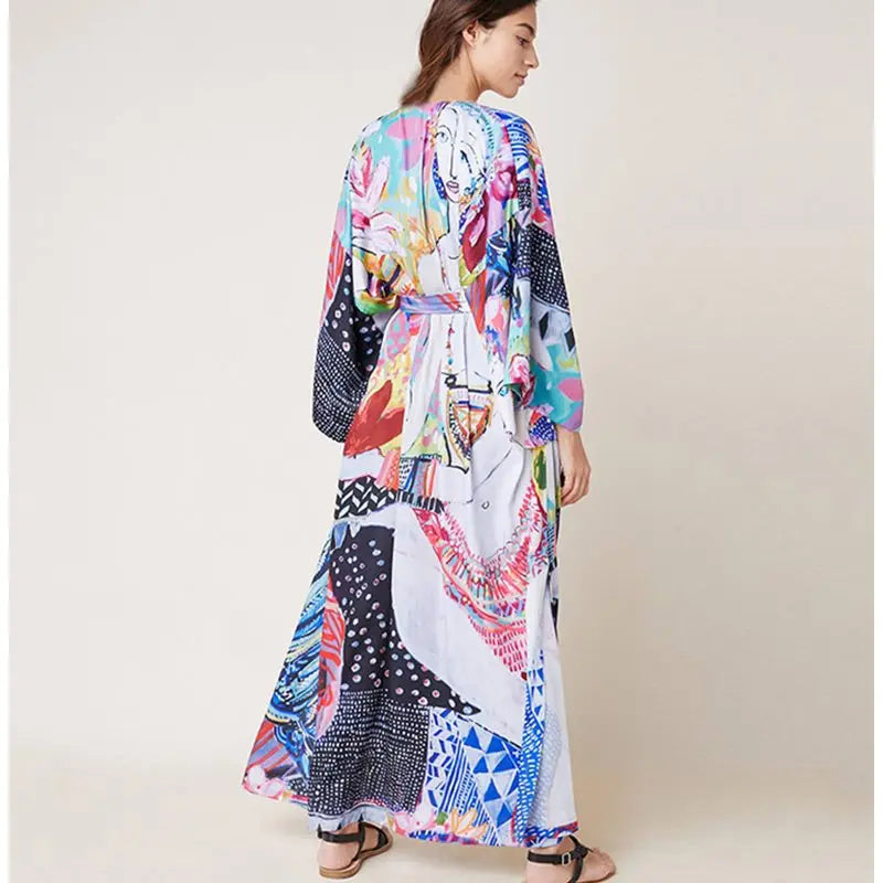 Polyester Pop Printed Boho Kimono Bikini Cover up