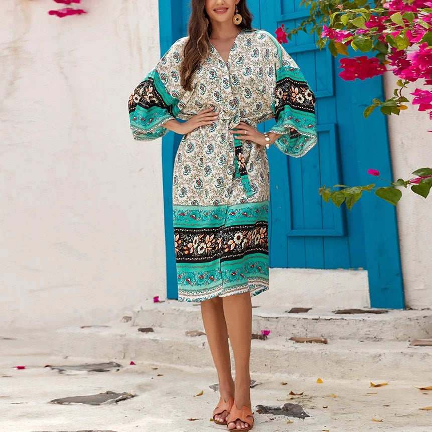 Casual Ethnic Floral Print Loose Cover-Up Dress
