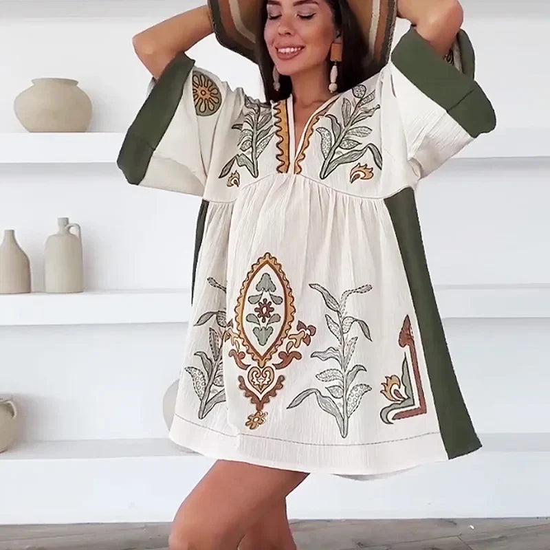 Linen Cotton Floral Boho Dress