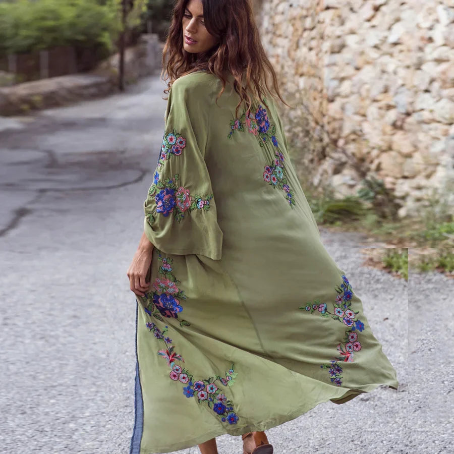 Long Floral Embroidery Beach Cover-Up Boho Cardigan