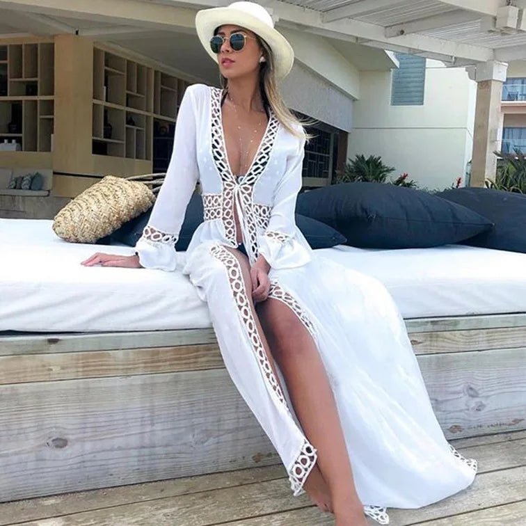 Sexy Deep V-neck White Lace Boho Kimono Bikini Cover up