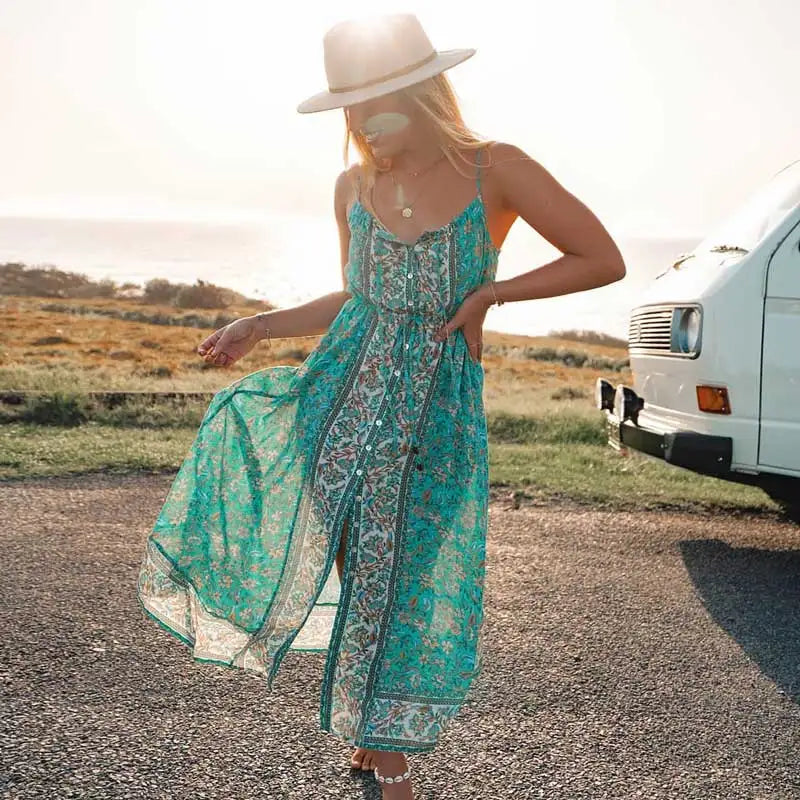 Vintage Floral Print Boho Midi Dress