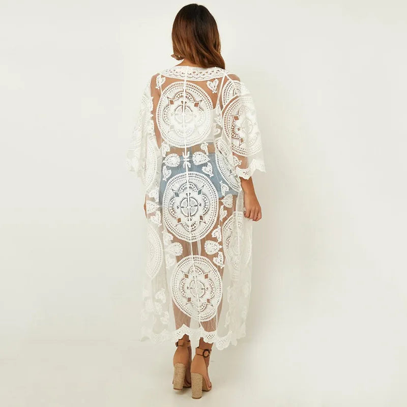 Sexy See-Through Lace Blouse Boho Beach Bikini Cover Up