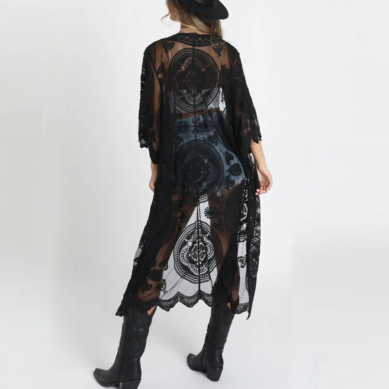 Sexy See-Through Lace Blouse Boho Beach Bikini Cover Up