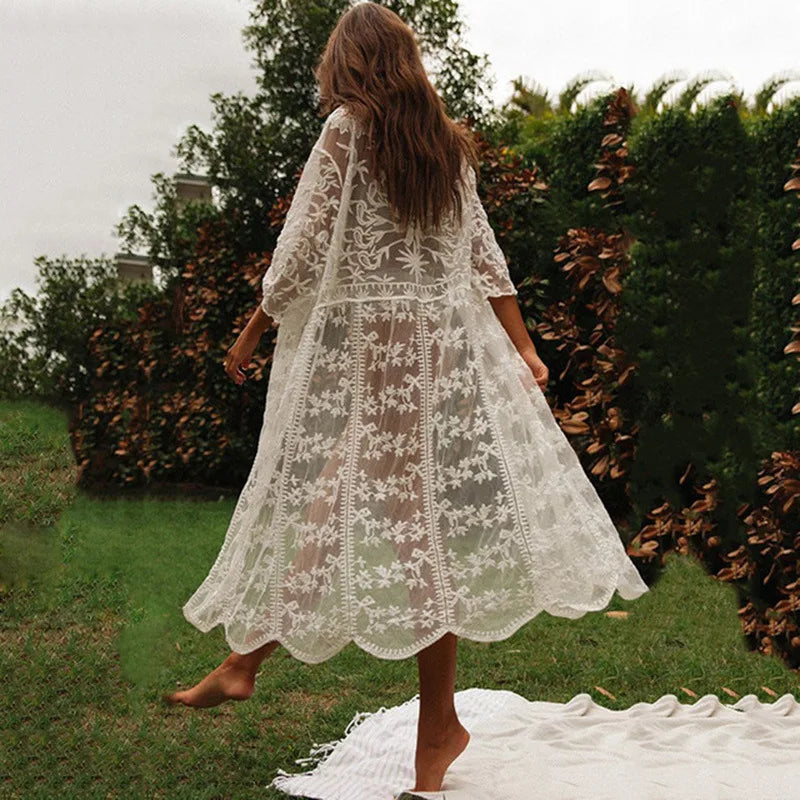 White Lace Cardigan Boho Bikini Cover Up See-through