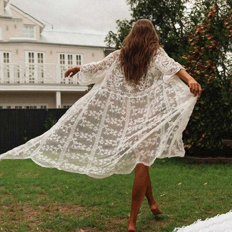 White Lace Cardigan Boho Bikini Cover Up See-through
