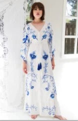 White Maxi Dress Cotton Floral Embroidery Sexy V-neck Beach Dress