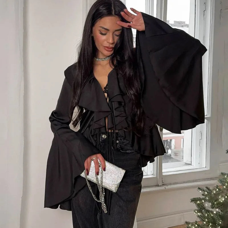 Ruffled Lace-Up V-neck Blouse