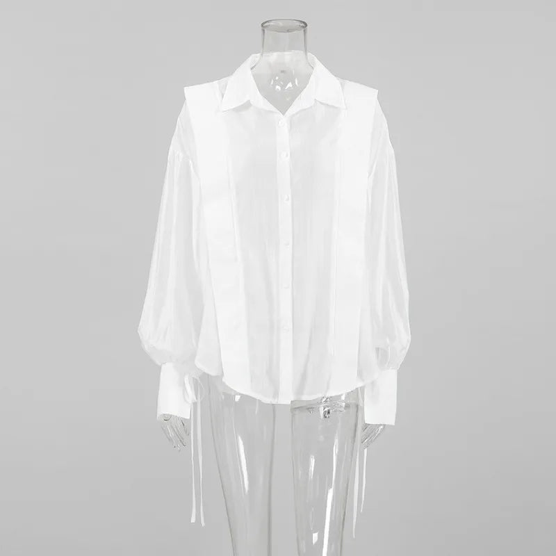Lace-Up See-Through Casual Blouse