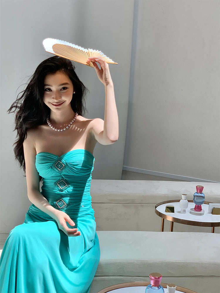 Teal Strapless Corset Maxi Dress Sophisticated & Slimming Vacation Look